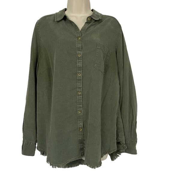 Foxcroft Top Womens 14 Green Tencel Lyocell Chambray Button Up Fringe Hem Grunge - Picture 1 of 12
